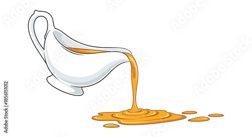 White ceramic gravy boat pouring a golden liquid or sauce onto a surface isolated on a white background for food and culinary presentation.