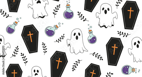 Playful halloween seamless pattern with cute ghosts black coffins and purple potion bottles on a white background for festive holiday decorations.