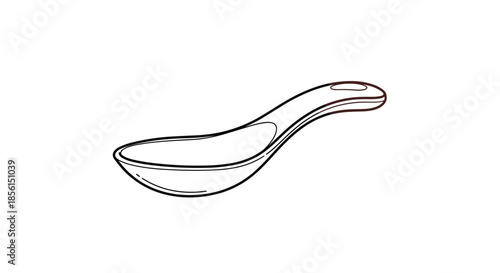 Simple line drawing of a ceramic or plastic soup spoon with a curved handle isolated on a white background for kitchen and dining themes.