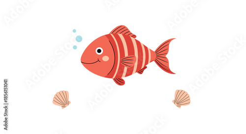 Cute red striped tropical fish swimming underwater with small bubbles and sea shells on a clean white background in a simple flat vector style.
