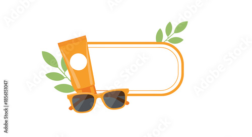 Orange sunscreen tube and sunglasses arranged with green leaves around a blank white copy space frame for summer beach vacation message.