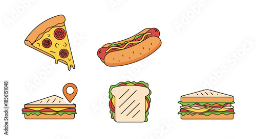 Collection of delicious fast food items including a pizza slice, hot dog with mustard, and various sandwiches on a clean white background.