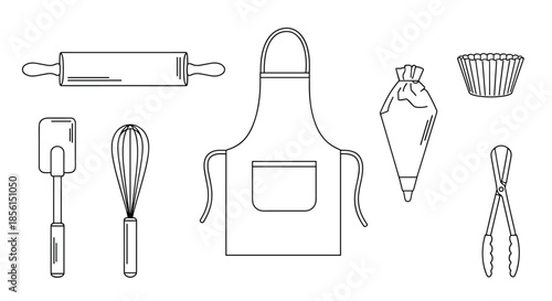 Collection of kitchen and baking utensils including a rolling pin apron whisk and piping bag in a simple black line art style on a white background.