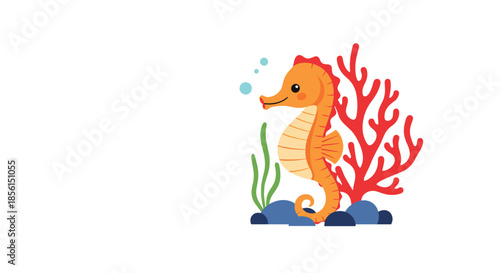 Cute orange seahorse floating near vibrant red corals and green seaweed at the bottom of the sea with small bubbles on a white background.