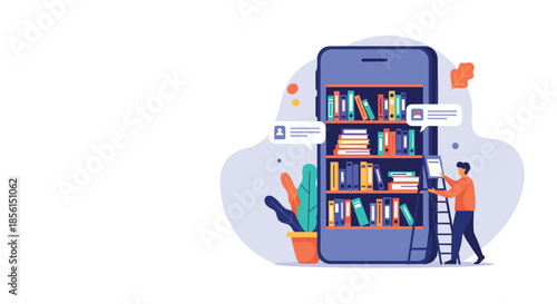 Man using a ladder to reach books on a library shelf inside a large smartphone screen representing digital reading and online education concept.