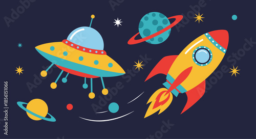 Colorful rocket ship and flying saucer traveling through outer space among planets and bright stars in a fun galactic universe illustration.