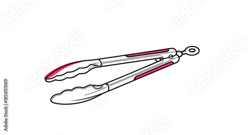 Professional stainless steel kitchen tongs for grilling and cooking presented as a clean line art illustration with subtle red color accents.
