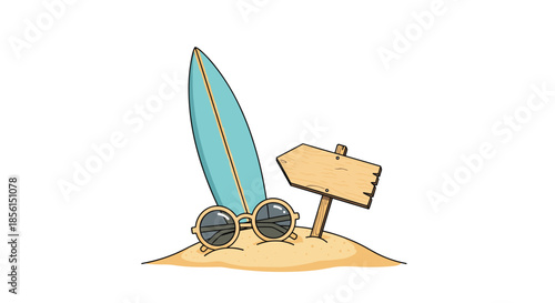 Beach holiday items including a blue surfboard, round sunglasses, and a blank wooden arrow sign standing in a pile of golden sand under the sun.