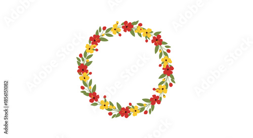 Vibrant circular floral wreath made of delicate red and yellow blossoms with green leaves for summer or spring decorative designs.