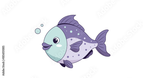 Friendly purple tropical fish with light blue head and small spots swimming and blowing bubbles on a clean white background.