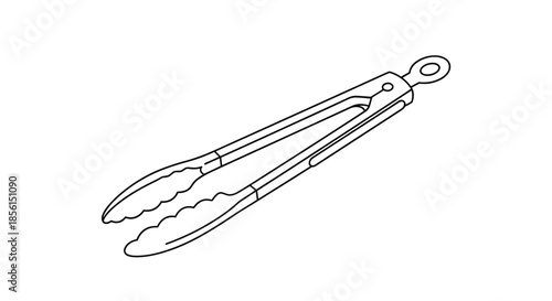 Kitchen tongs for food serving and preparation shown in a clean black and white line art style for culinary or restaurant themed designs.