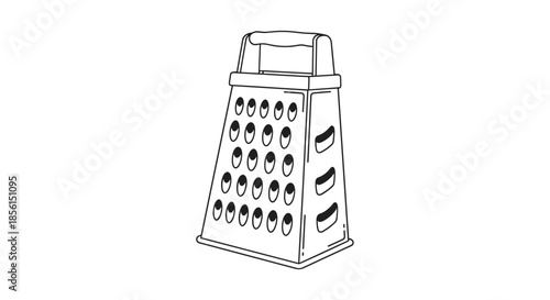 Classic four-sided stainless steel box grater for cheese and vegetables depicted as a simple black and white line art vector illustration.
