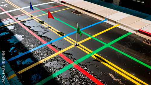 Colorful utility markings and flags on damaged asphalt street surface.