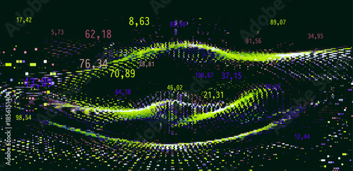 Flowing wave of multicolored pixel-like particles with scattered floating decimal numbers on a dark background, highlighted by vibrant neon green glows. Conceptual vector illustration for big data, an