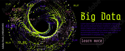 Swirling vortex of multicolored data points with floating decimal numbers on a dark background, accented by neon green highlights. Conceptual vector illustration for big data, digital technology.