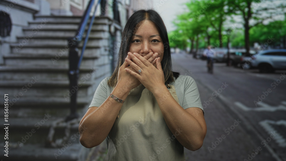 Fototapeta premium Woman with hands covering mouth on a street by stone steps and parked cars, wearing apron and bracelet; silence.