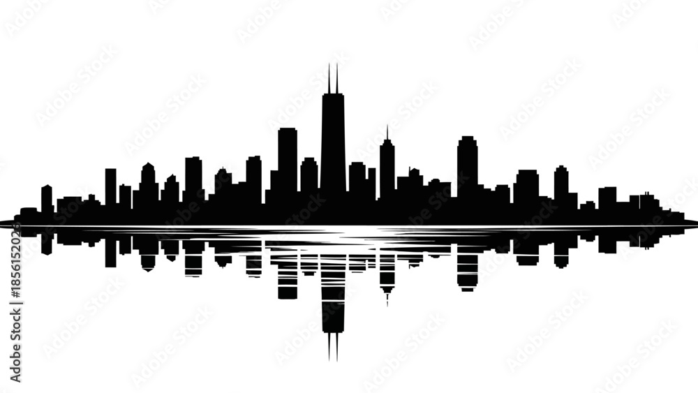 Obraz premium A black silhouette cityscape with skyscrapers reflected in water, against a white background, showcasing a modern urban landscape in a simple, graphic style.