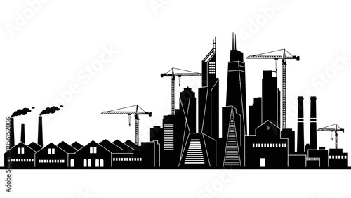 Black silhouette of a cityscape with skyscrapers and construction cranes against a white background.