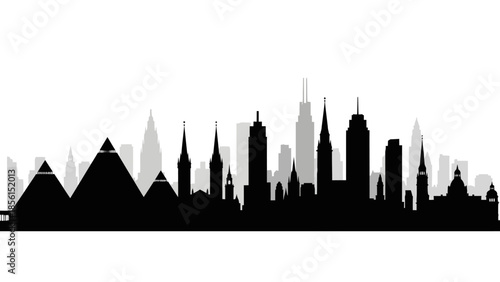 A black silhouette cityscape with a mix of modern skyscrapers and ancient pyramids against a white background, showcasing a unique blend of old and new architectural styles in a graphic