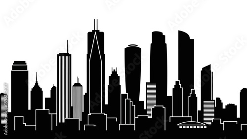 A black silhouette cityscape with various skyscrapers and buildings against a white background, showcasing a modern urban landscape.