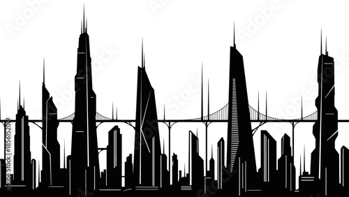 A black silhouette cityscape with a bridge against a white background, showcasing a modern urban landscape with sleek skyscrapers and a suspension bridge.