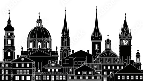A black silhouette cityscape featuring a historic European town with spires and domes against a white background.