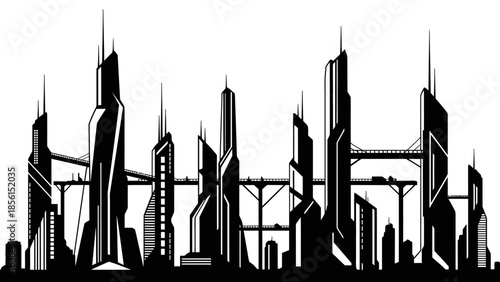 A black silhouette cityscape with skyscrapers and highways against a white background, showcasing a modern urban landscape in a monochromatic style.