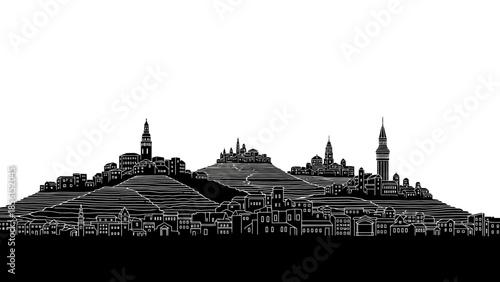 Black silhouette of a cityscape with a hilltop town and historic architecture against a white background.