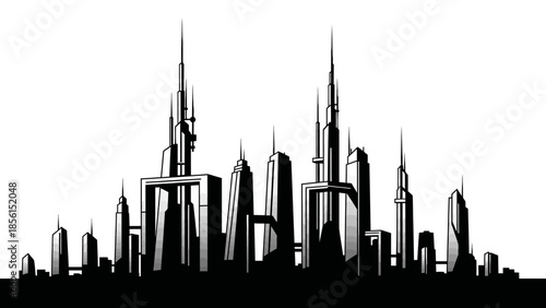 A black silhouette cityscape with numerous skyscrapers and modern buildings against a white background, showcasing a dense urban landscape.