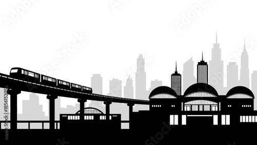 Black silhouette of a cityscape with a train on an elevated track and buildings in the background against a white backdrop.