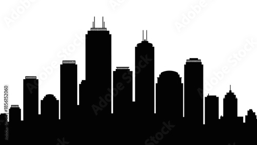 A black silhouette of a cityscape with skyscrapers against a white background, showcasing a modern urban landscape in a simple, graphic style.