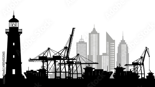 A black silhouette of a cityscape with a lighthouse, cranes, and skyscrapers against a white background, showcasing industrial and urban architectural elements.