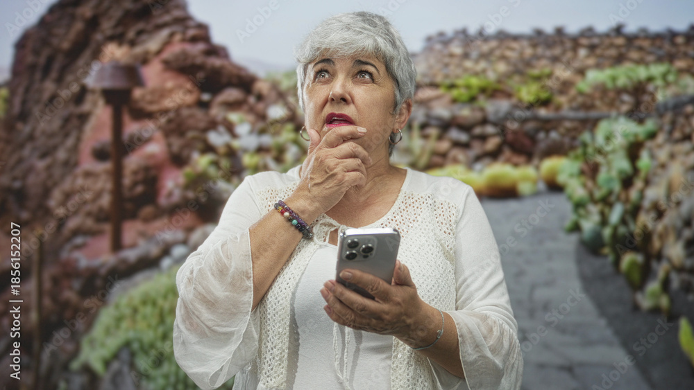 Fototapeta premium Woman tapping smartphone with finger on a stone garden path lined with succulents and rock walls; thoughtful reflection.