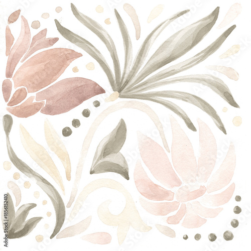 Elegant watercolor floral pattern featuring soft pink blossoms and muted green leaves in a vintage botanical style with delicate brushstrokes and decorative dots for textile design and wallpapers