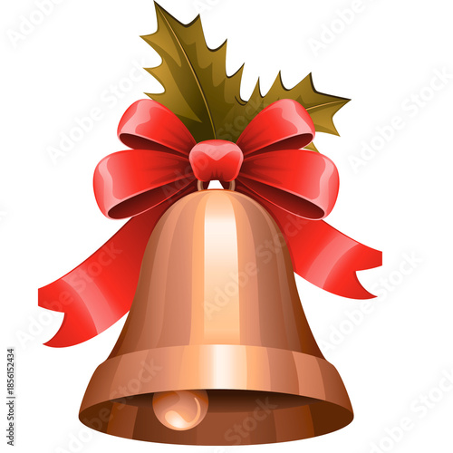 Classic bronze christmas bell adorned with a large glossy red ribbon bow and green holly leaves featuring realistic highlights and shadows for festive holiday greeting cards and winter decorations