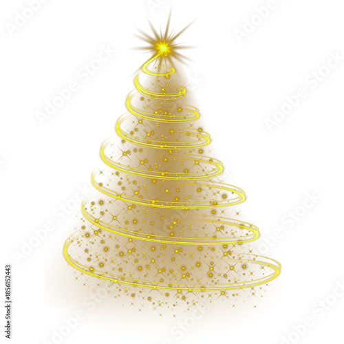 Minimalist golden light christmas tree formed by glowing spiral lines and shimmering sparkles with a bright star topper on white background for modern festive holiday greeting cards and designs