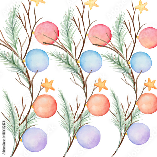 Seamless pattern with watercolor christmas ornaments featuring colorful baubles stars and pine branches perfect for festive holiday designs and seasonal decor