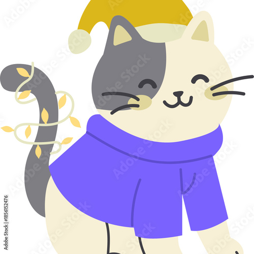 Cute cartoon cat wearing a santa hat and blue sweater with christmas lights wrapped around its tail in a festive holiday illustration on white background