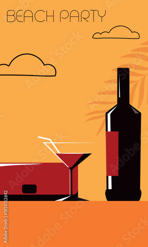 Beach party, wine bottle, glass, handbag, purse, outdoor restaurant, drinks. Vector flat illustration, vacation concept, beach bar, red wine, martini, chardonnay, cocktail