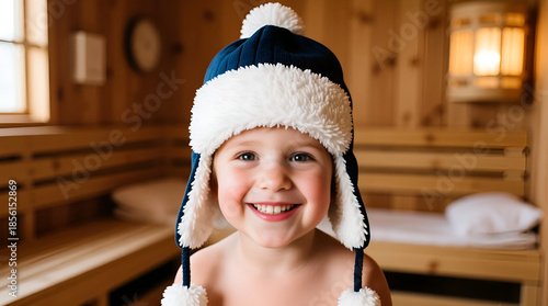 happy boy with warm hat smiling in sauna interior
