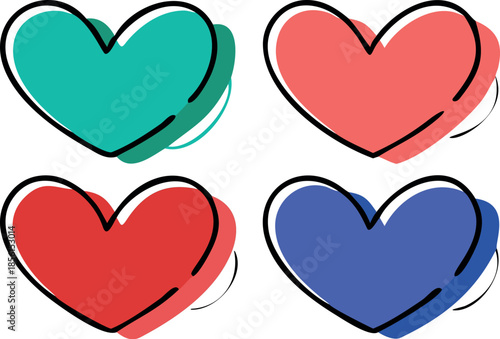 A modern artistic set of four minimalist heart symbols with clean lines and refined aesthetics for minimalist branding and logo design.