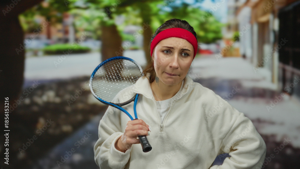 © Krakenimages.com - Woman holding tennis racket looking thoughtful in a city street background, wearing a red headband and white sweatshirt, portraying outdoor tennis sport and expression. © Krakenimages.com - Woman holding tennis racket looking thoughtful in a city street background, wearing a red headband and white sweatshirt, portraying outdoor tennis sport and expression.