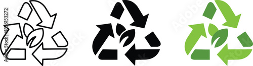 Line black recycle icons set on transparent backdrop for sustainable resource management and environmental responsibility