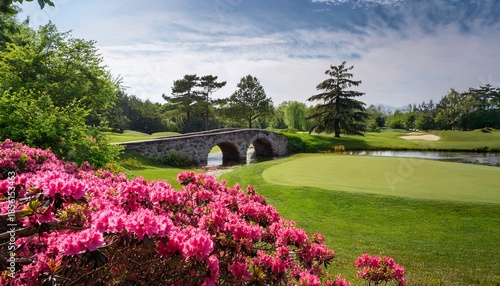 pink azalea flowers bloom near a scenic golf course with a stone bridge over water lush green grass and trees create a beautiful park landscape for recreation