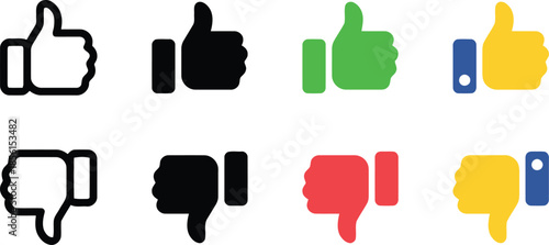 Thumbs Up and Down Icons Set Presenting Positive and Negative Feedback Agreement and Disagreement Approval and Disapproval Isolated on Transparent Background Symbolizing Ratings Vector