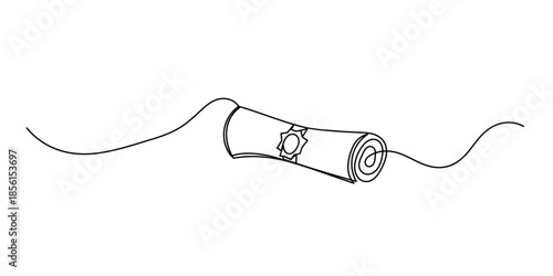 Continuous single line drawn, certificate or diploma with award badge . Single line drawn badge academic scroll paper,. Vector illustration. diploma scroll graduation continuous one line drawing.