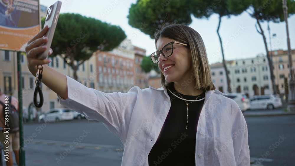 Naklejka premium Woman holding smartphone for selfie on rome street, smiling and looking at screen while wearing glasses and white shirt; city joy.