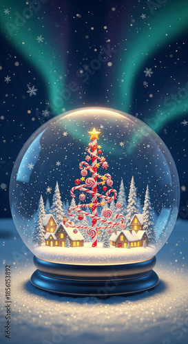 A Magical Christmas Snow Globe containing a decorated tree and village, with Northern Lights in the starry sky.