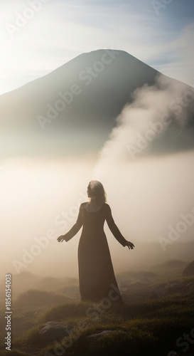 woman, dress, long dress, flowing, light, sunlight, sunbeam, misty, foggy, mountains, peaks, landscape, natural, meadow, grass, trees, bushes, foliage, nature, serene, peaceful, tranquil, morning, daw