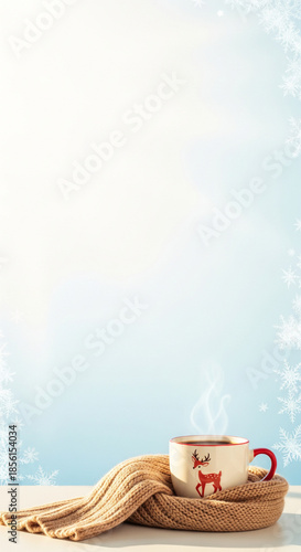 A cozy winter morning still life with a holiday-themed mug of hot drink on a beige knit blanket, bathed in natural light by a window.